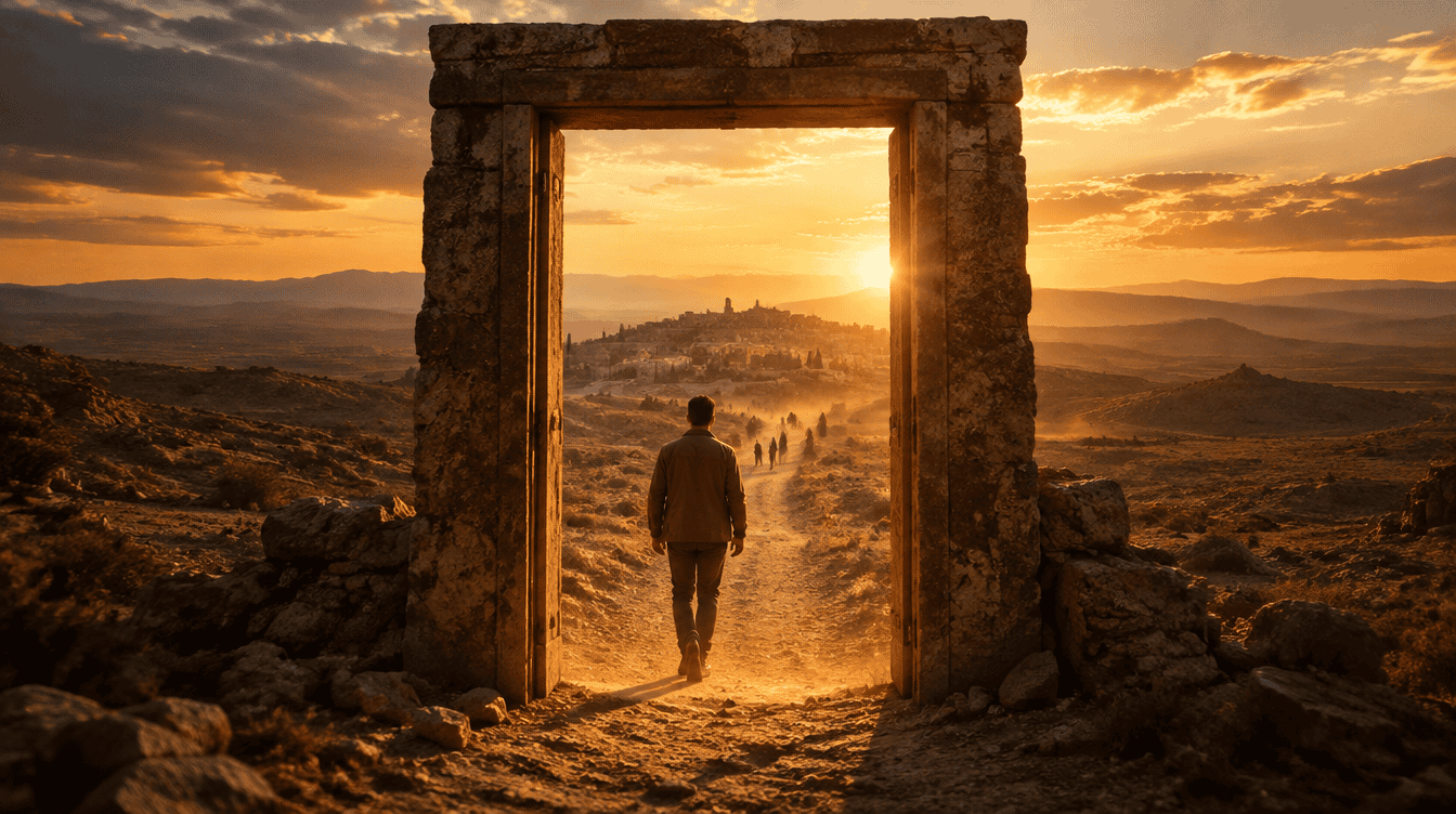 A stone doorway of light in the desert with a road leading toward a distant village